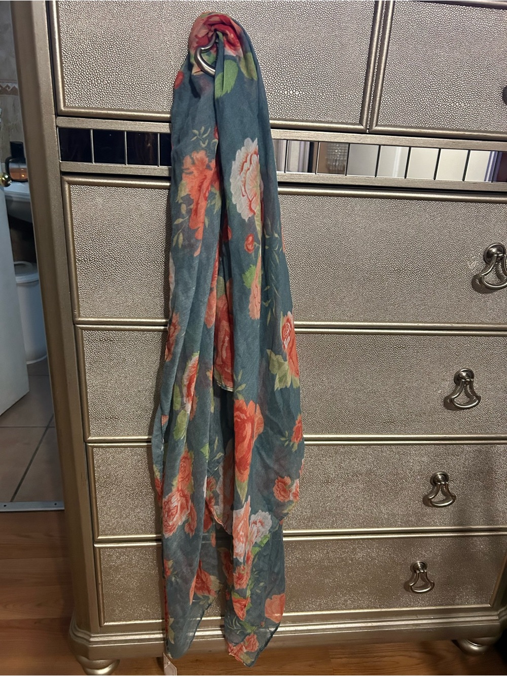 Floral Print Blue Wrap/Scarf With Pink Roses